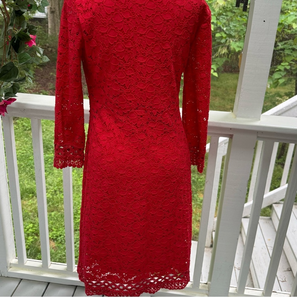 ALFANI solid red floral crochet lace overlay 3/4 sleeve dress-S - Picture 6 of 8